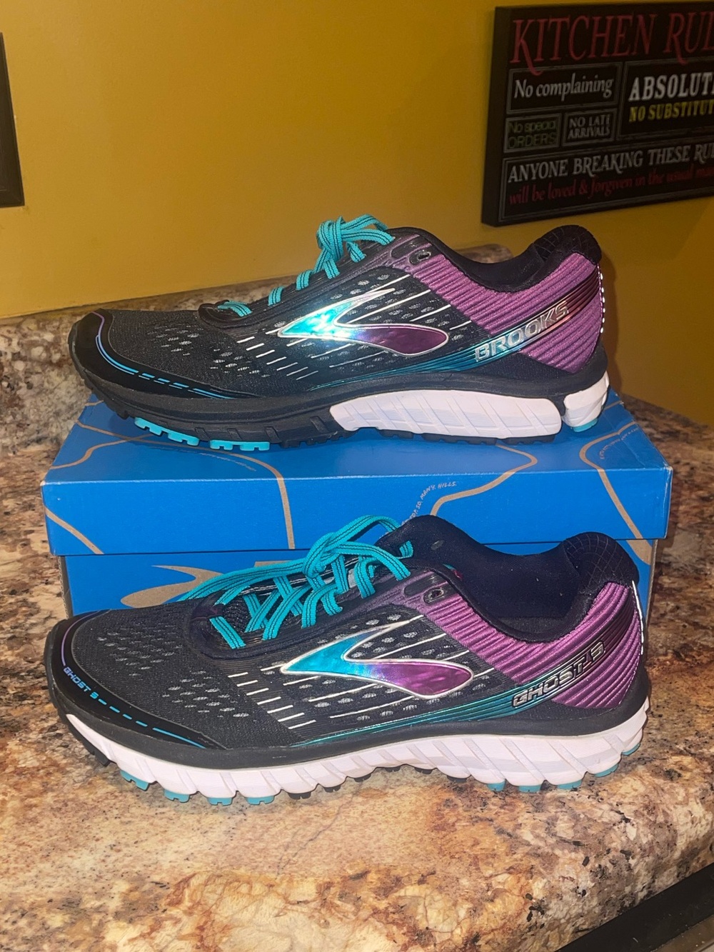 Brooks Ghost 9 Women's Running Shoes - Black with Teal & Purple Accents - Picture 6 of 7